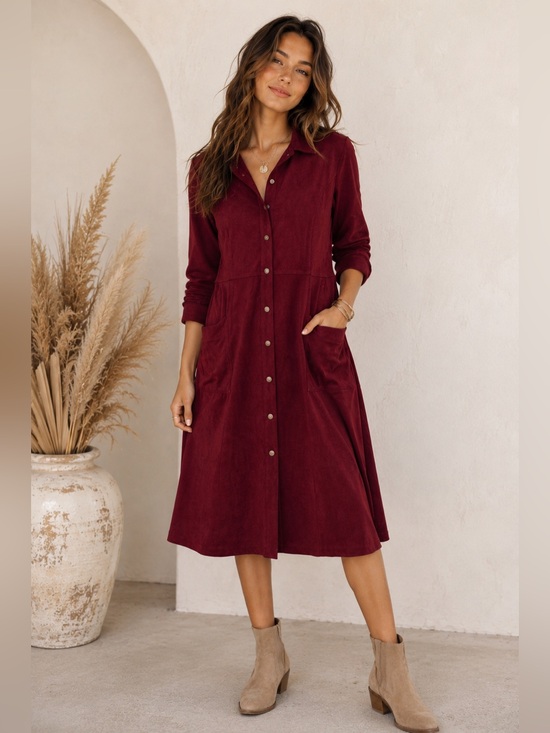 joh Dresses & Skirts - Joh Apparel Anne Stretch Suede Shirt Dress Burgundy Wine Red Long Sleeve L